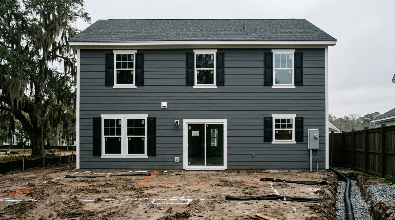 Before: construction-phase rear yard — charcoal lap siding; three upper windows; center upper window aligned with white sliding door; double window left, high window right; layout marks and prep on grade