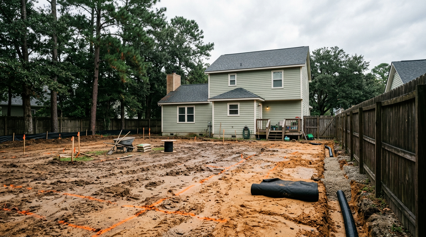 Representative Charleston-area lot — mobilization: stripped subgrade, layout lines, and drainage prep before shell and pavers