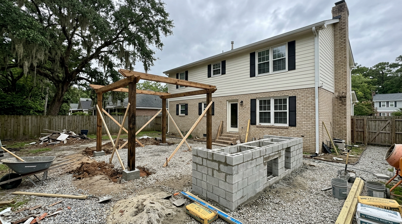 Representative job — CMU outdoor kitchen shell and pergola posts before paver field and veneer