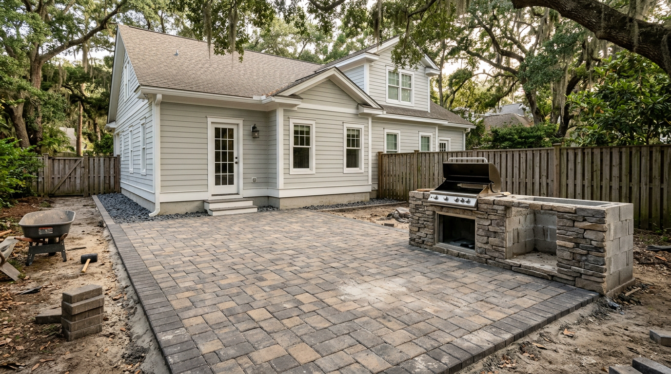 Paver patio and outdoor kitchen in progress — live oak canopy typical of Lowcountry backyards