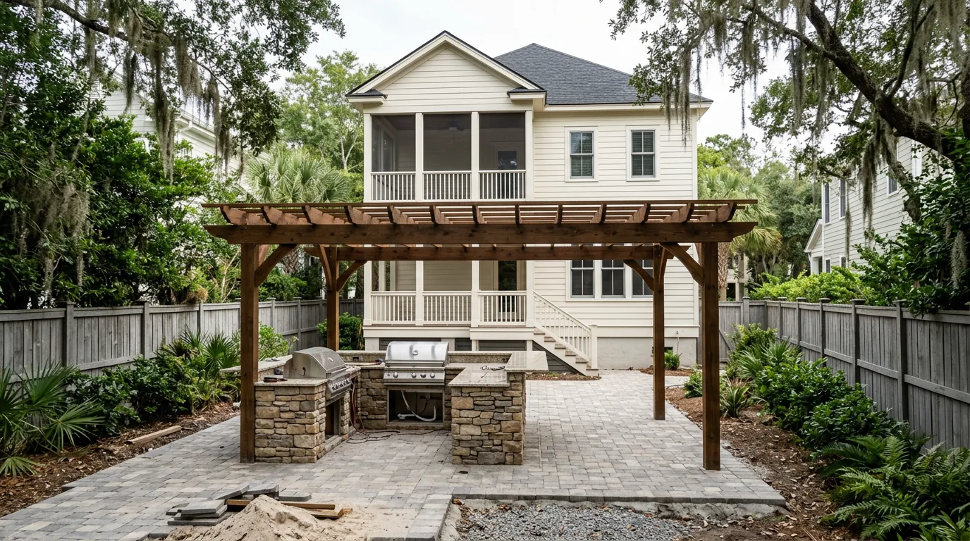 Representative mid-build — pergola frame over kitchen and dining zone before final lighting and planting