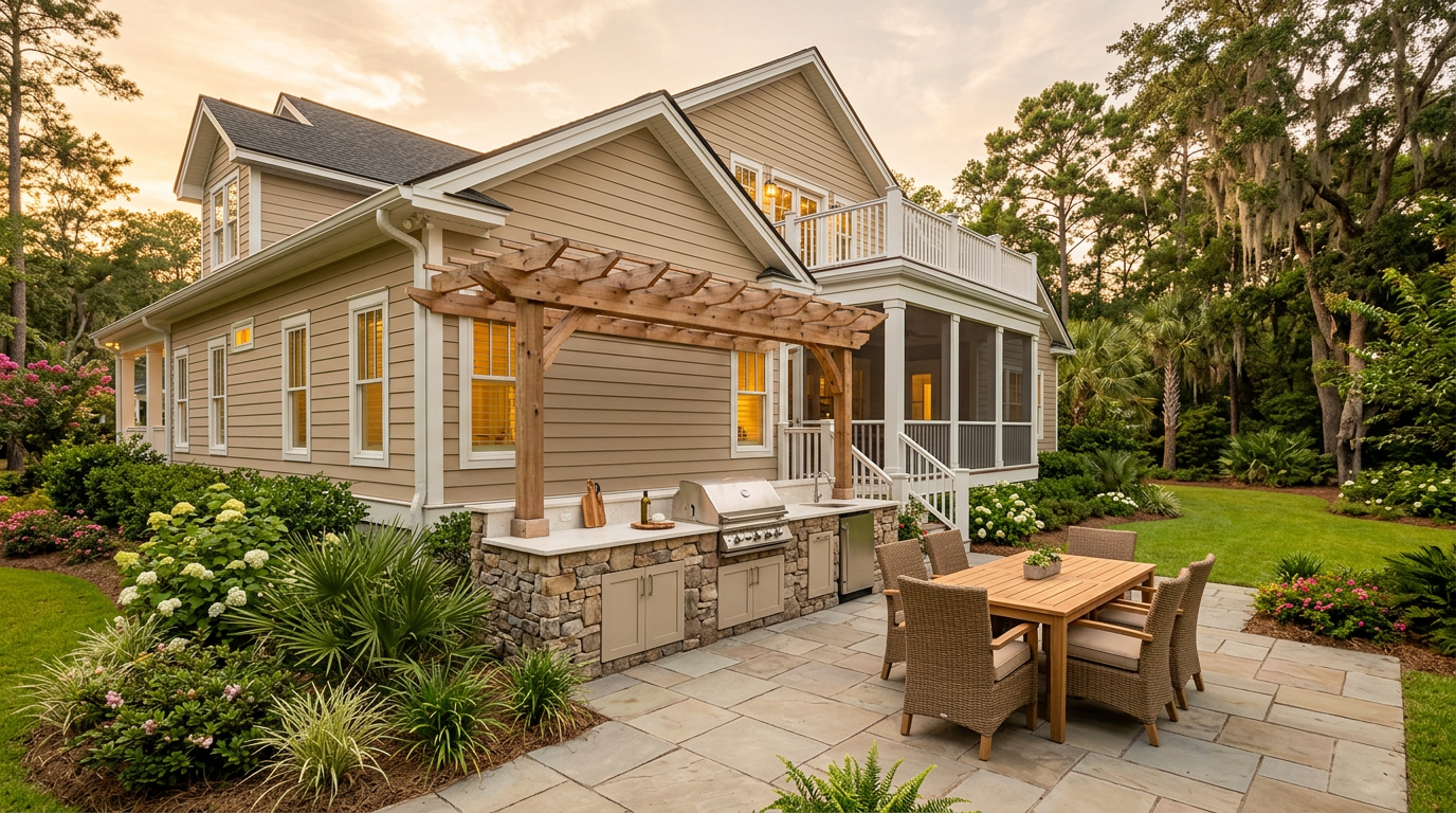 Representative job — counters, appliances, and pergola overhead; coastal-exterior details before planting and lighting aim