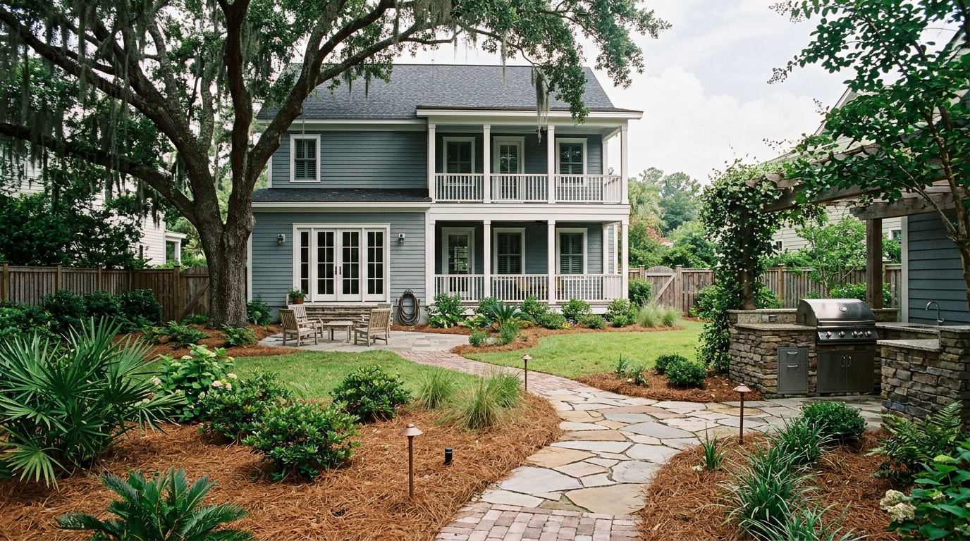 Representative job — planting and mulch tied to paver grades; irrigation and drainage coordinated