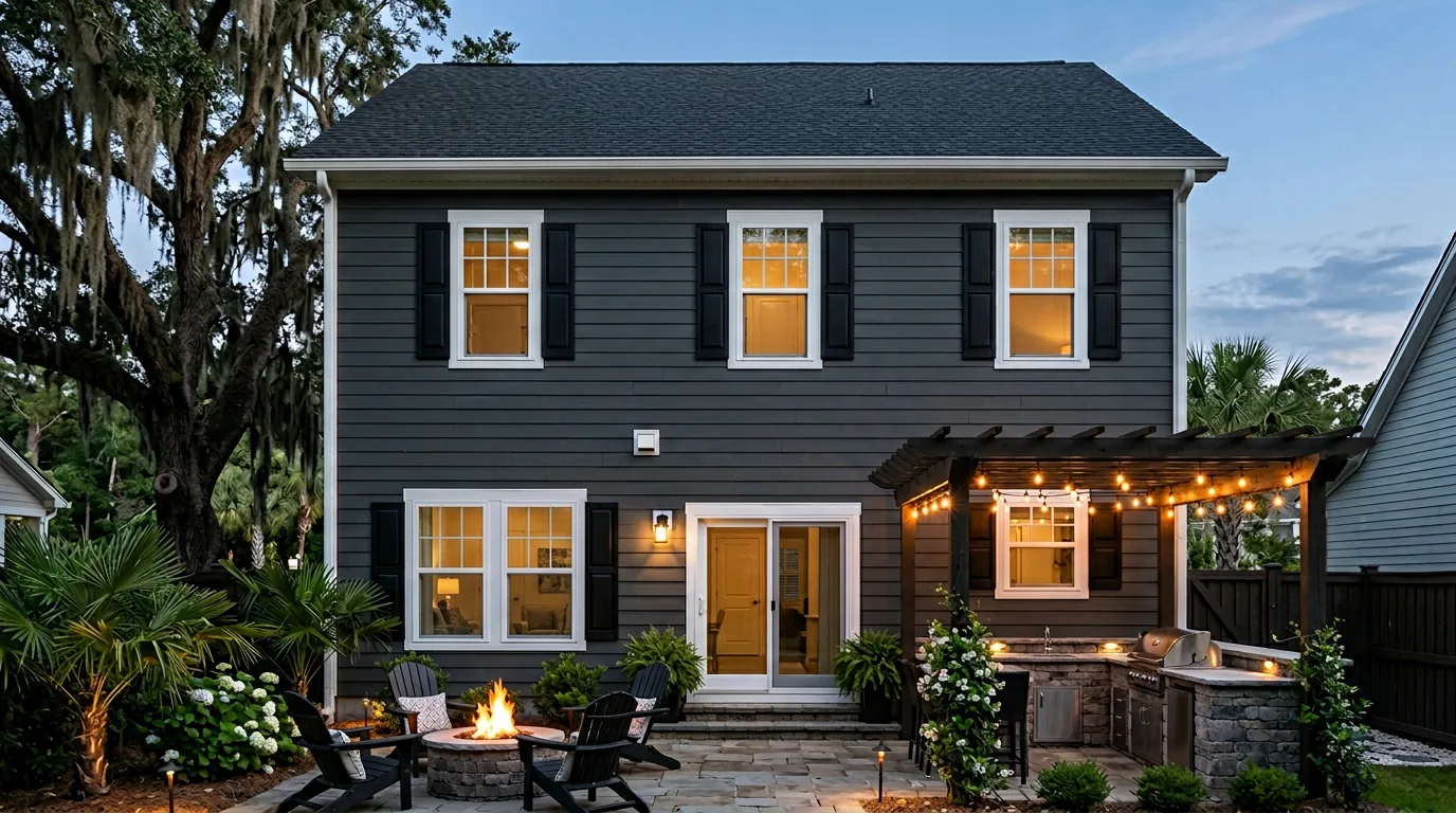 After: same window pane pattern as before — 3×2 divided top sashes on all three uppers and on each of the ground double units; 2×2 top grid on high right window; center upper over white slider; L kitchen, pergola, fire, pavers, dusk