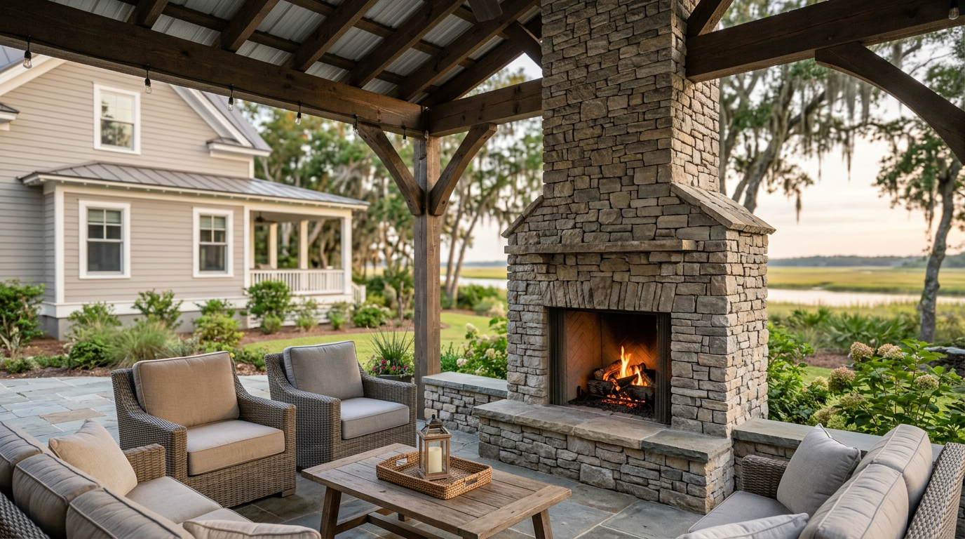 Stacked stone outdoor fireplace on a paver patio beside a coastal-style home