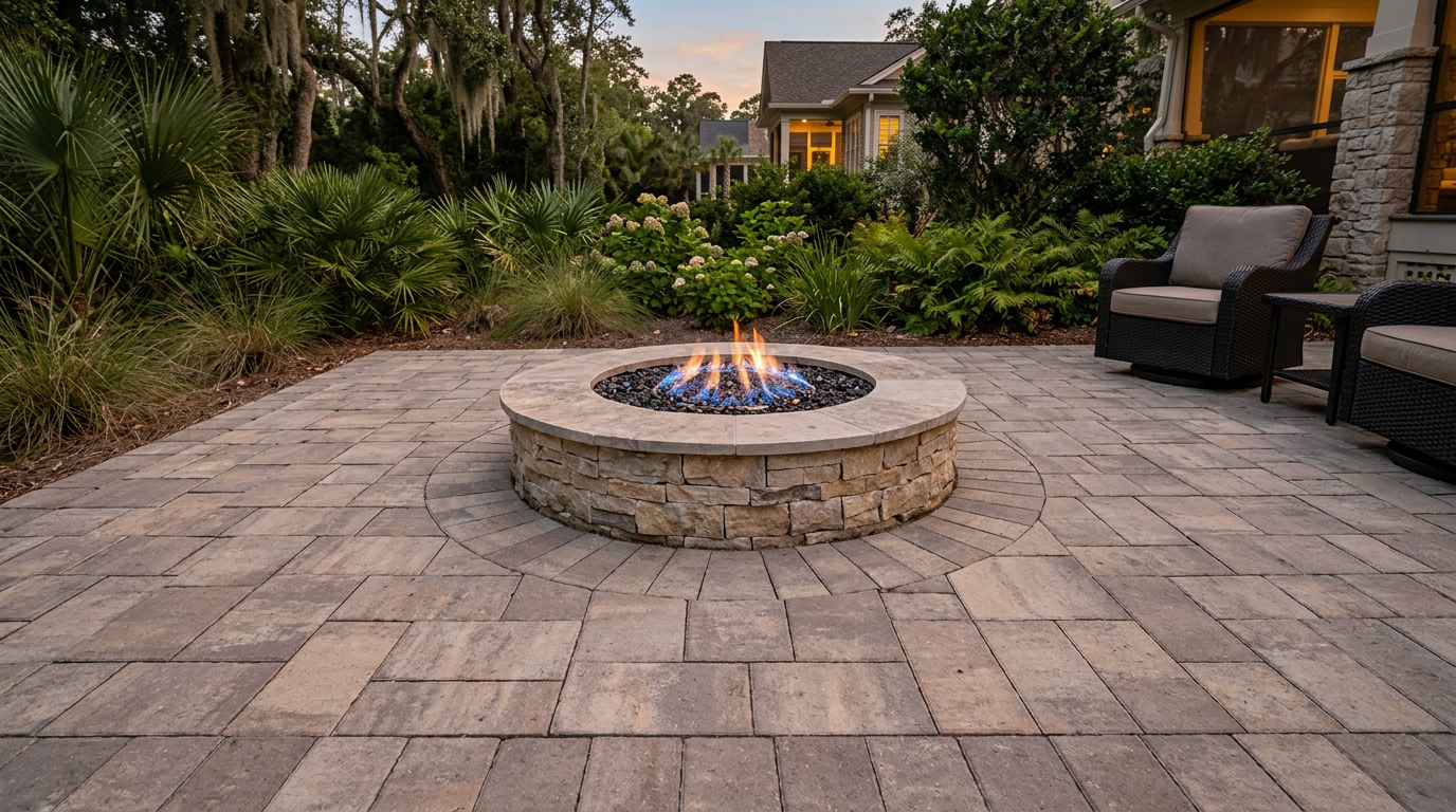 Built-in gas fire pit integrated into the same modular paver field: matching stone coping, radiating cuts, and continuous patio layout