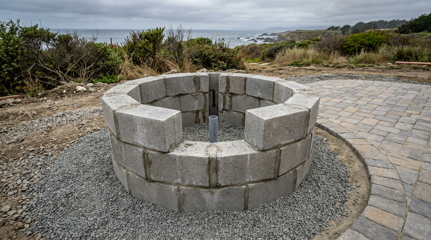 CMU or block core for a built-in fire pit on a compacted base, masonry rough-in before stone veneer