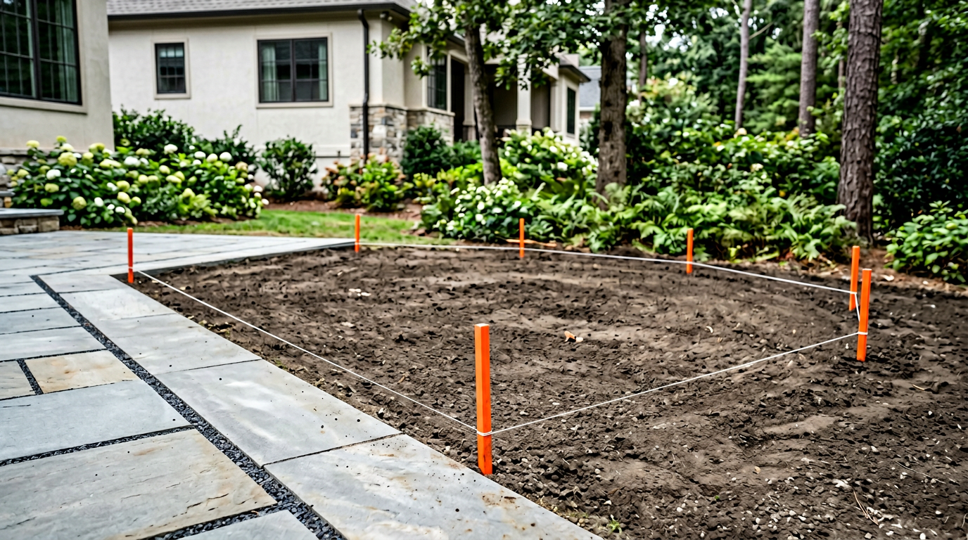 Survey stakes and string lines marking a fire feature footprint beside a paver patio before excavation