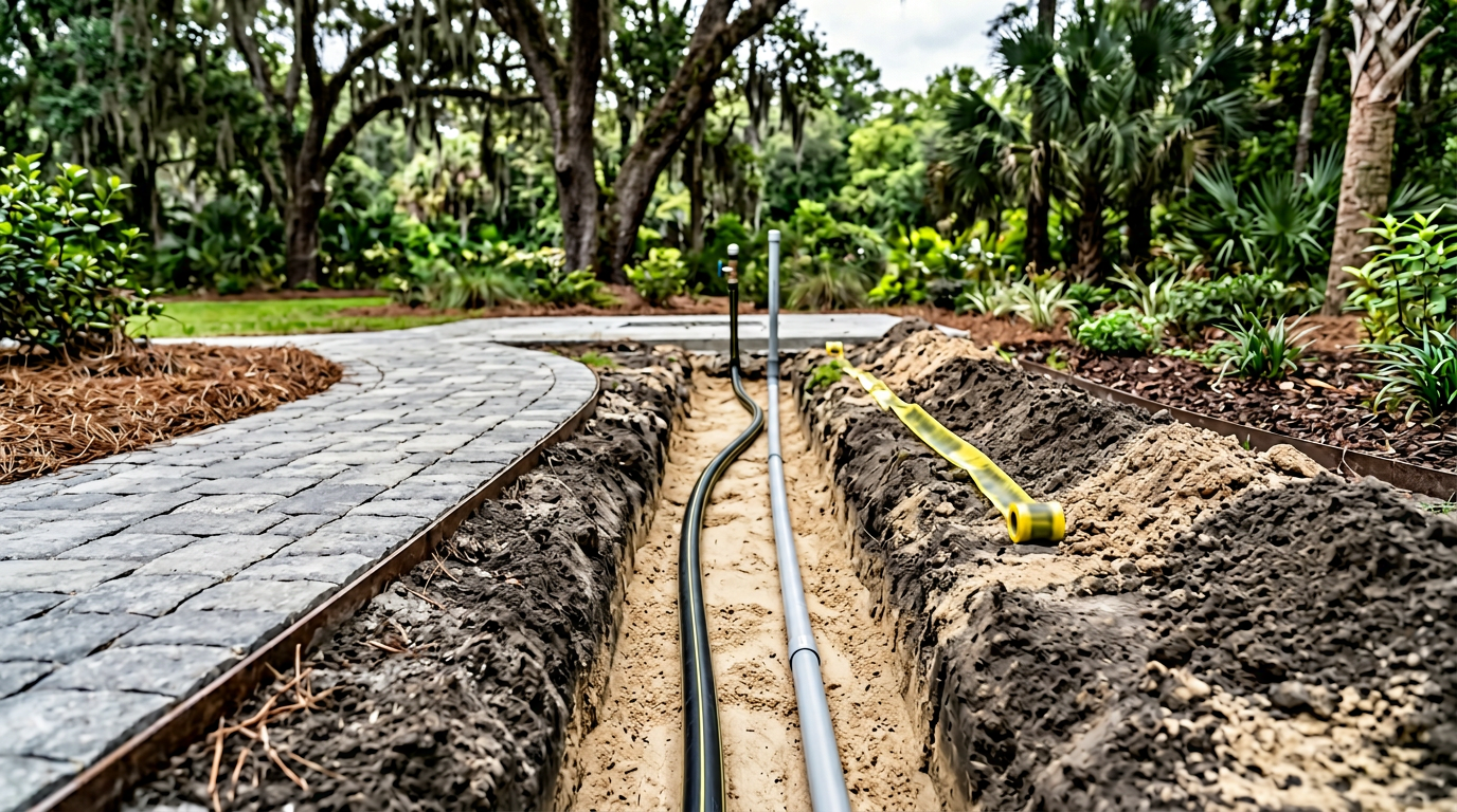 Open utility trench with gas pipe and electrical conduit in parallel sand bedding toward an outdoor fire feature