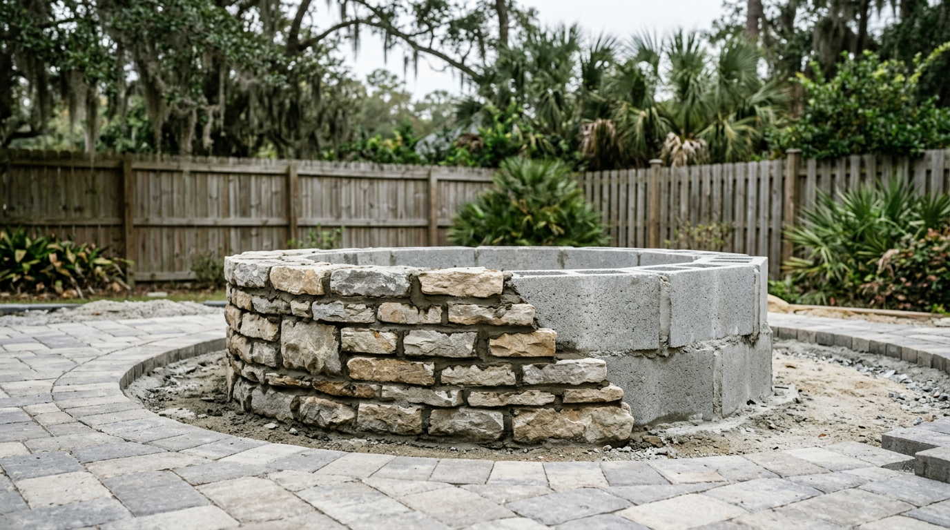 Outdoor fire pit mid-build: natural stone veneer partially installed on a CMU core beside a paver patio