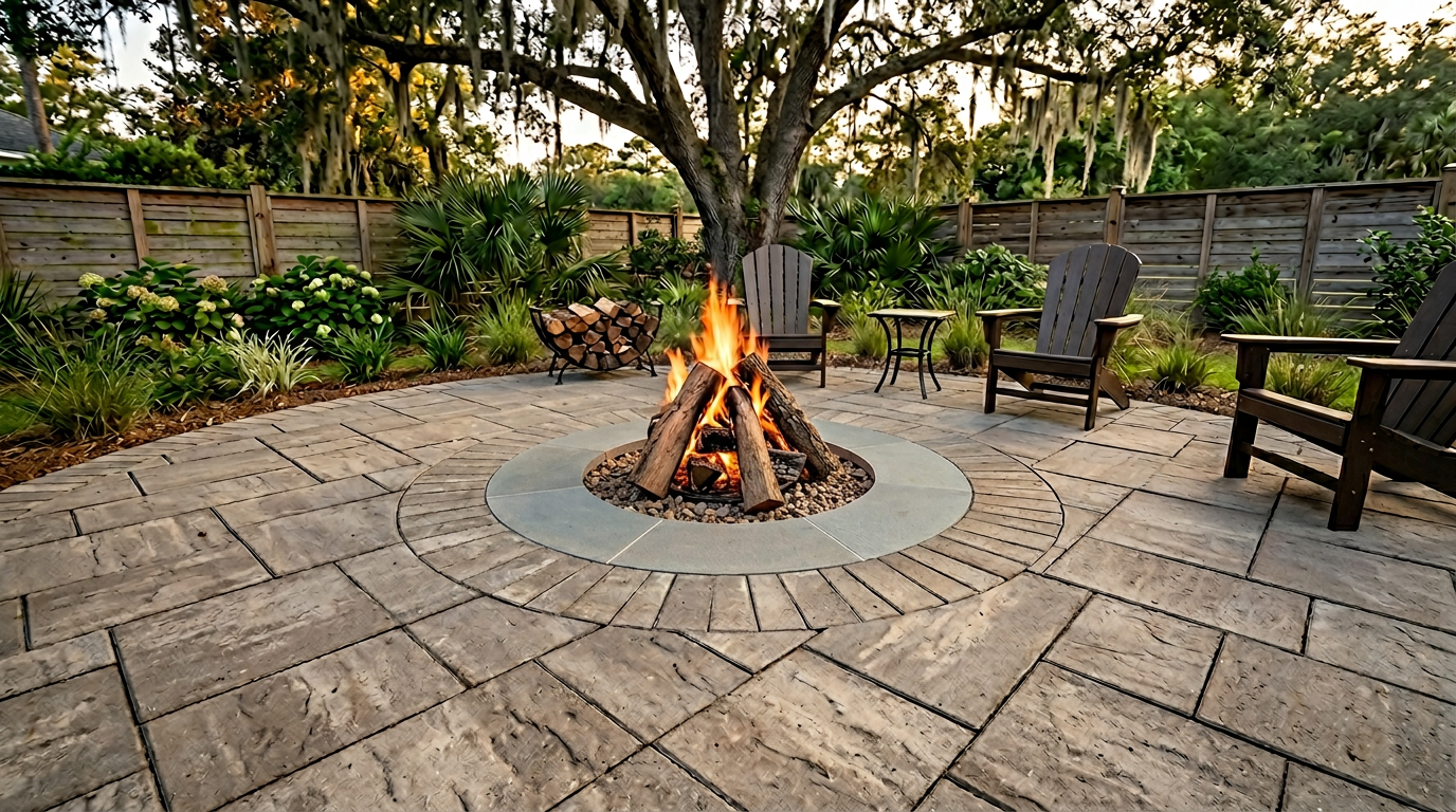 Wood-burning fire pit built into one paver patio system: coordinated veneer, flush coping, and field cuts tied to the surrounding pavers