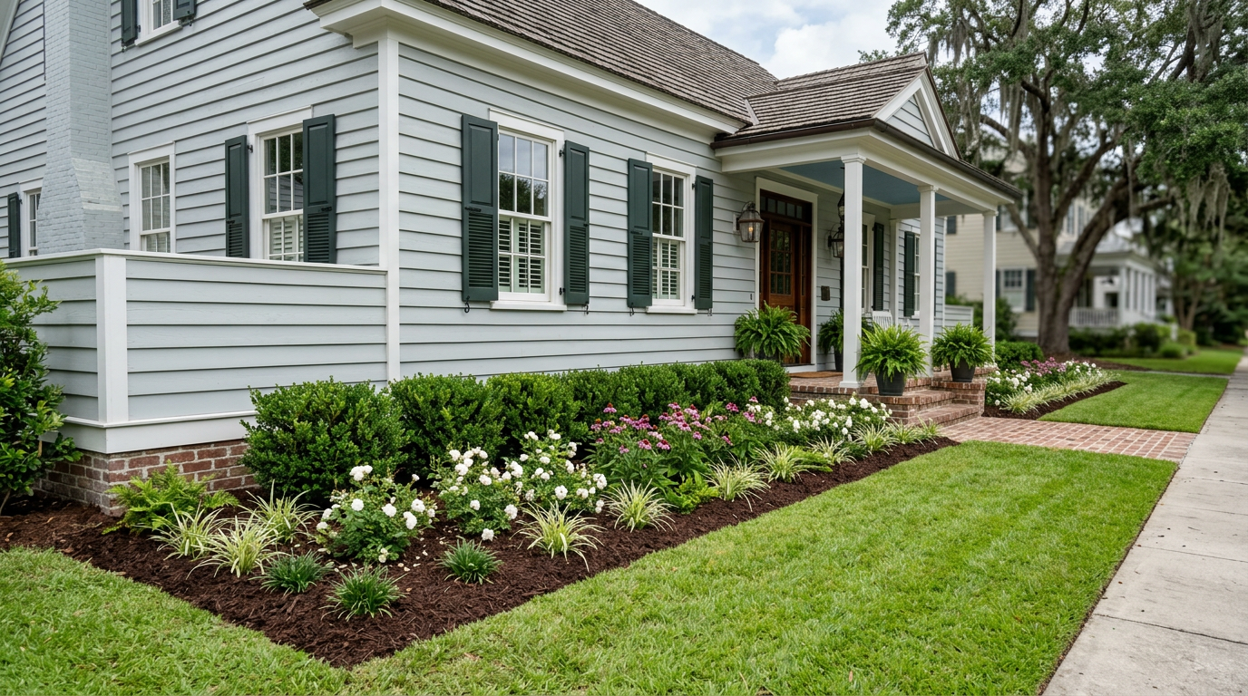 Foundation planting beds with mulch and shrubs along a Charleston home facade