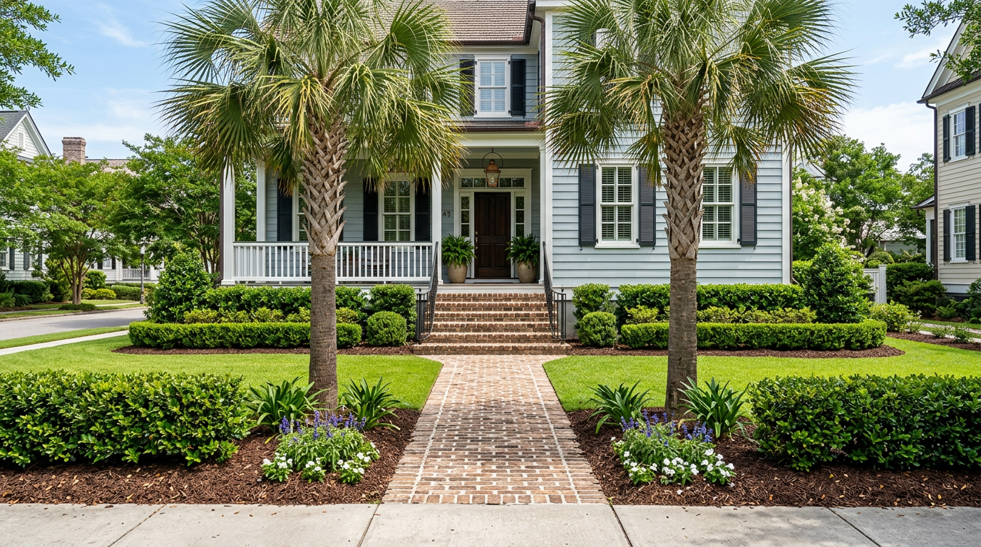 Coastal front landscape with palms and structured planting near a residential entry