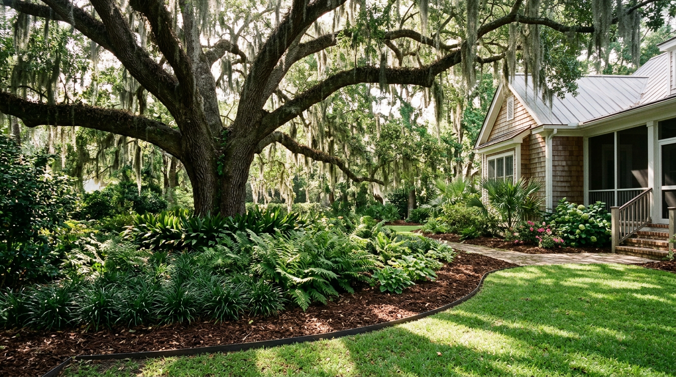 Shade planting and groundcover under tree canopy beside a lawn