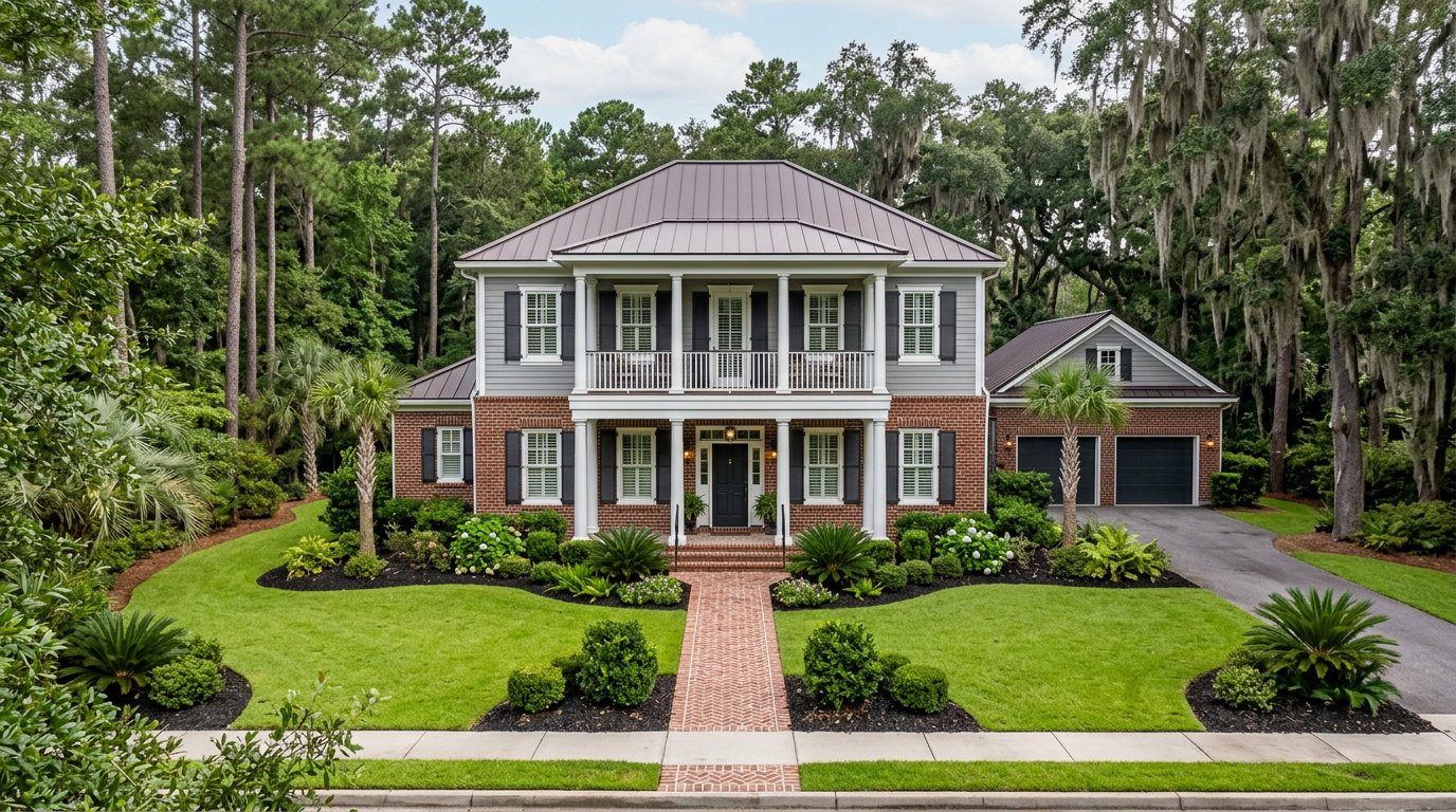 Charleston front yard landscape: foundation beds, healthy turf, and defined entry planting visible from the street