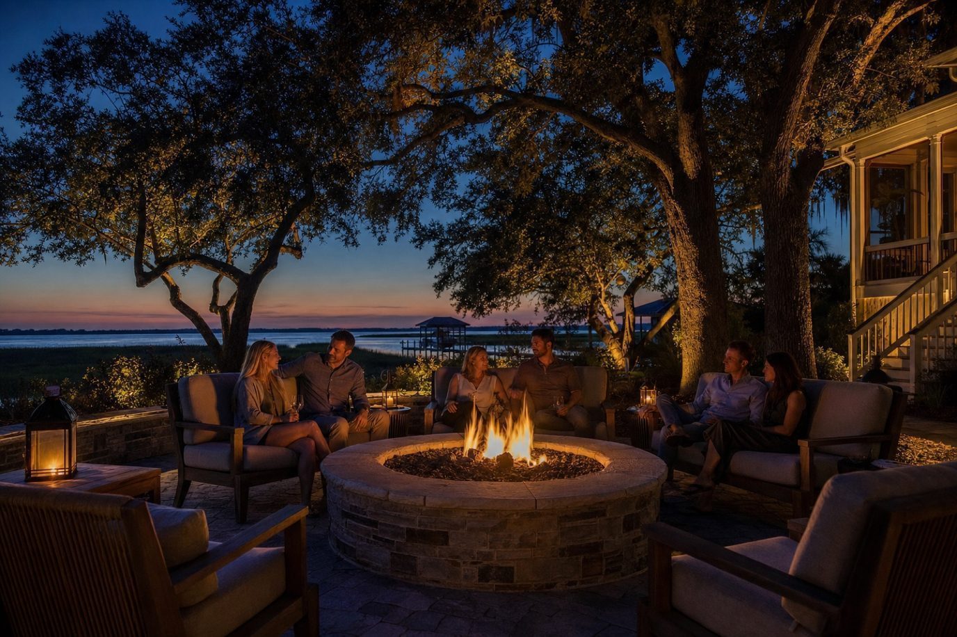 Fire feature anchoring an outdoor gathering space