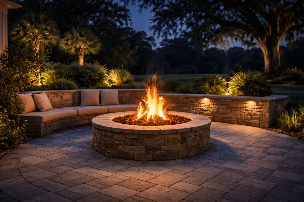 Outdoor fire pit seating area at dusk with hardscape in Charleston SC