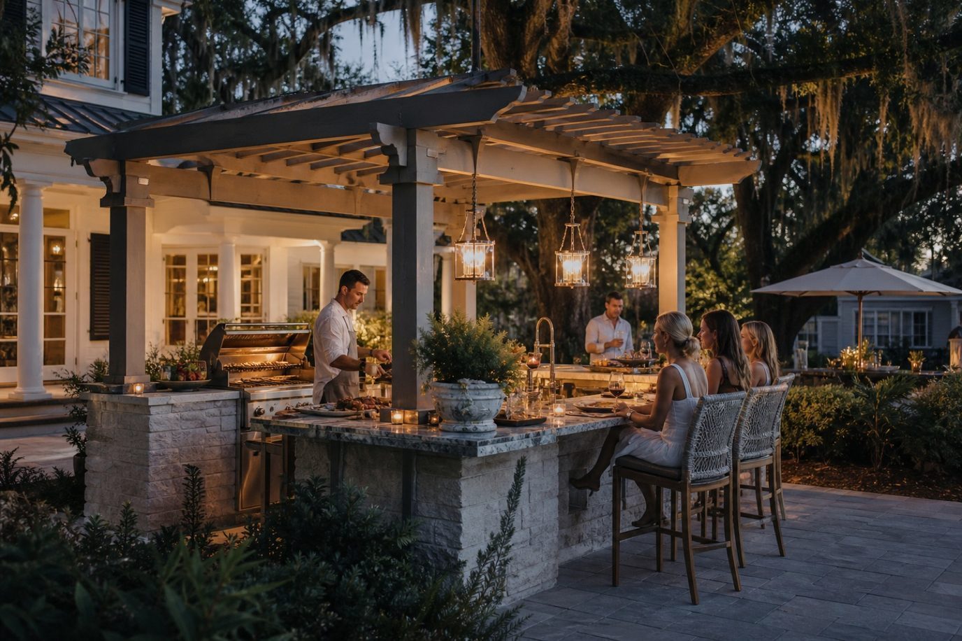 Outdoor kitchen layout with bar seating