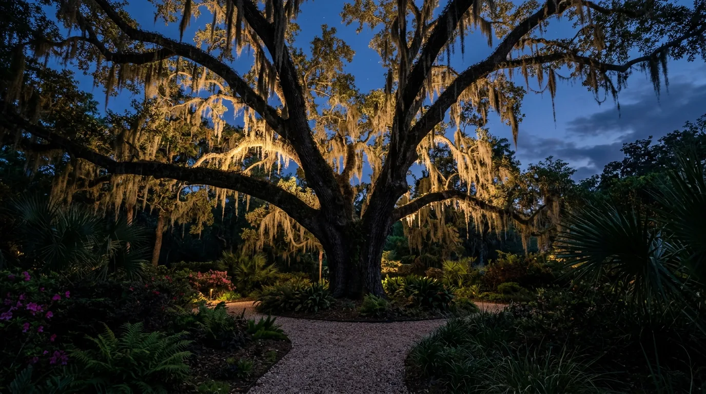 Outdoor landscape lighting on a Charleston property at dusk