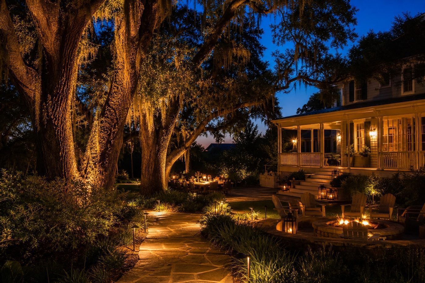 Layered landscape lighting at entertaining zone