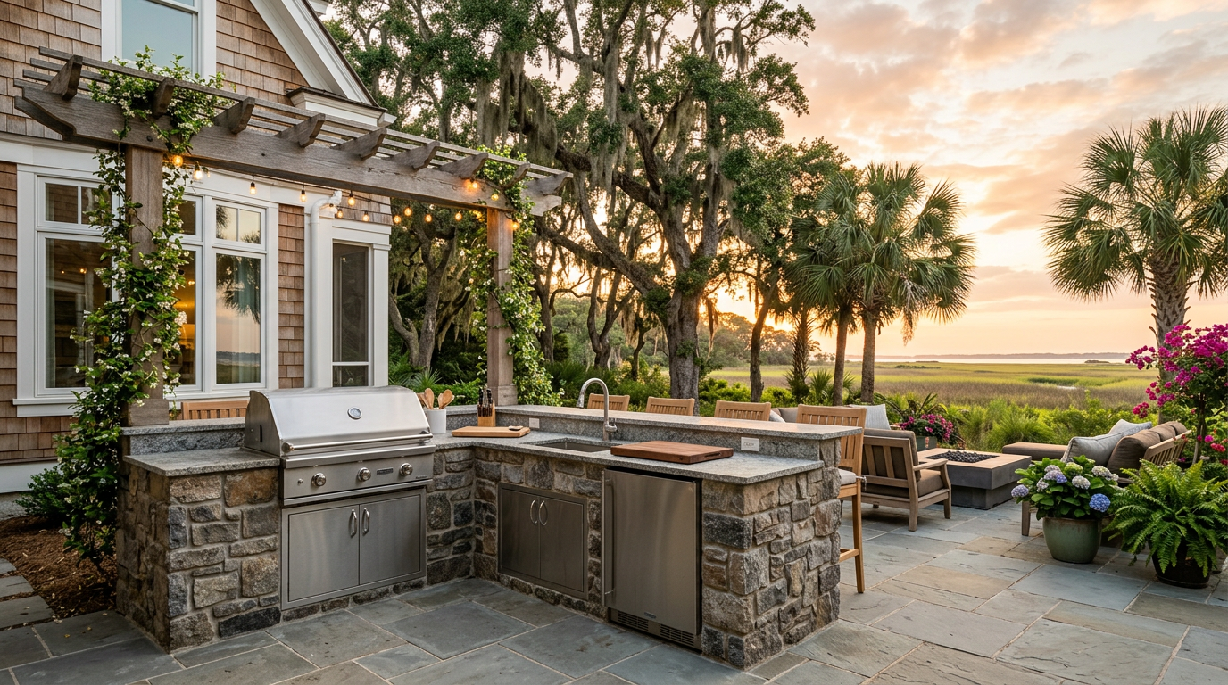Custom outdoor kitchen in Charleston with masonry shell and built-in grill