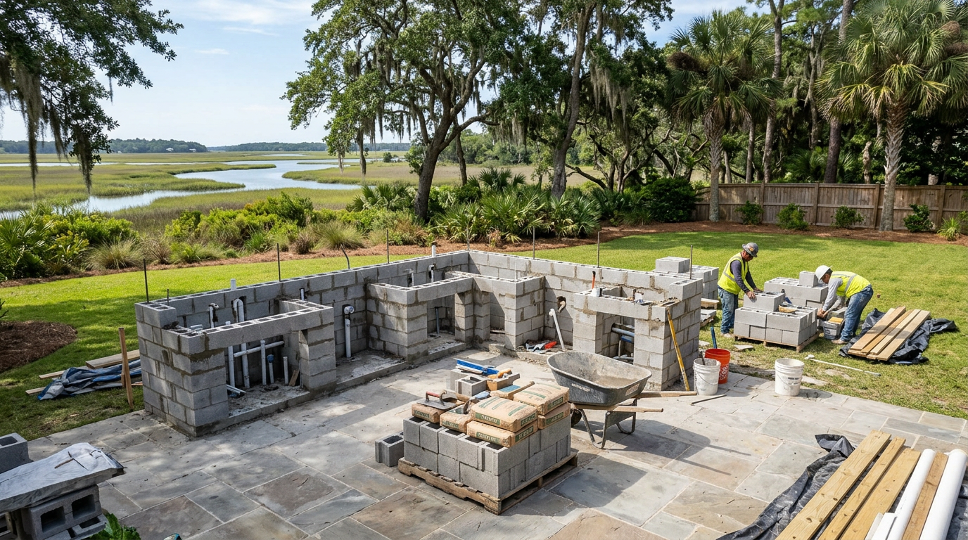 Charleston outdoor kitchen bar seating and cooking station