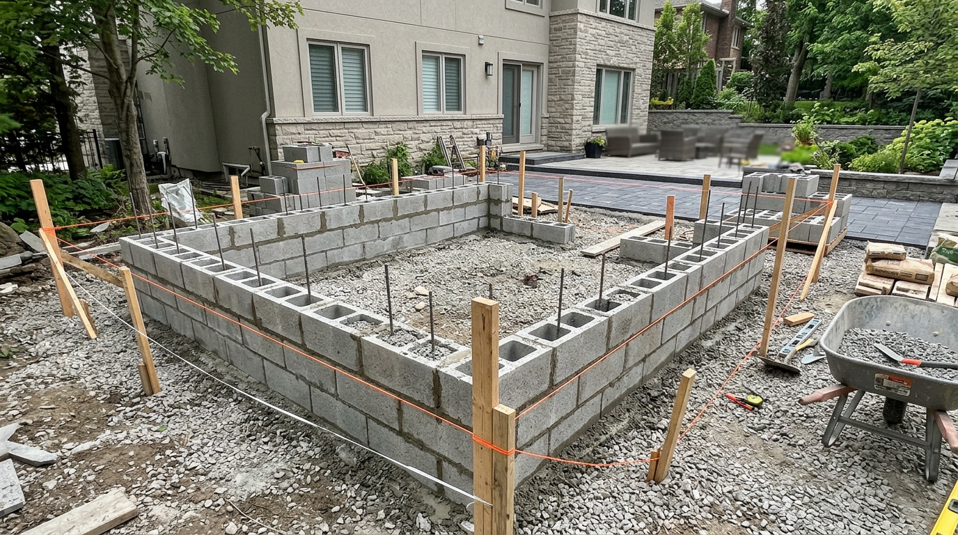 L-shaped outdoor kitchen layout in progress: block shell and string lines on patio