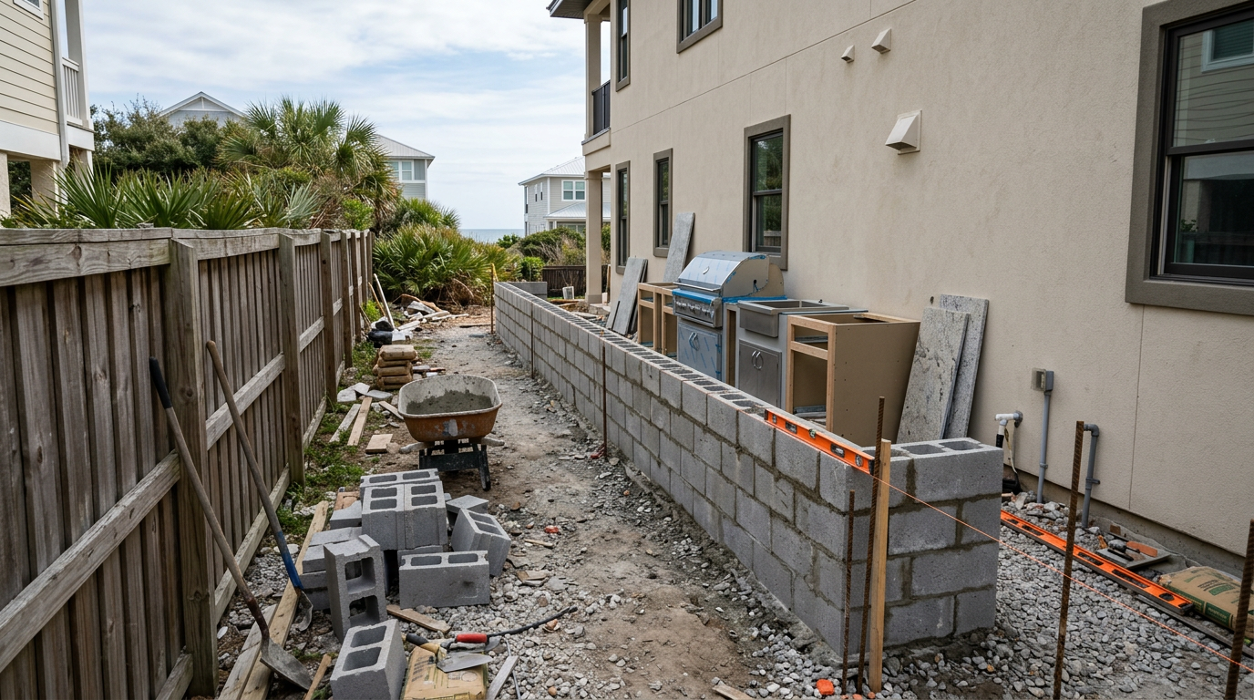 Linear outdoor kitchen run along a house wall under construction on a narrow lot