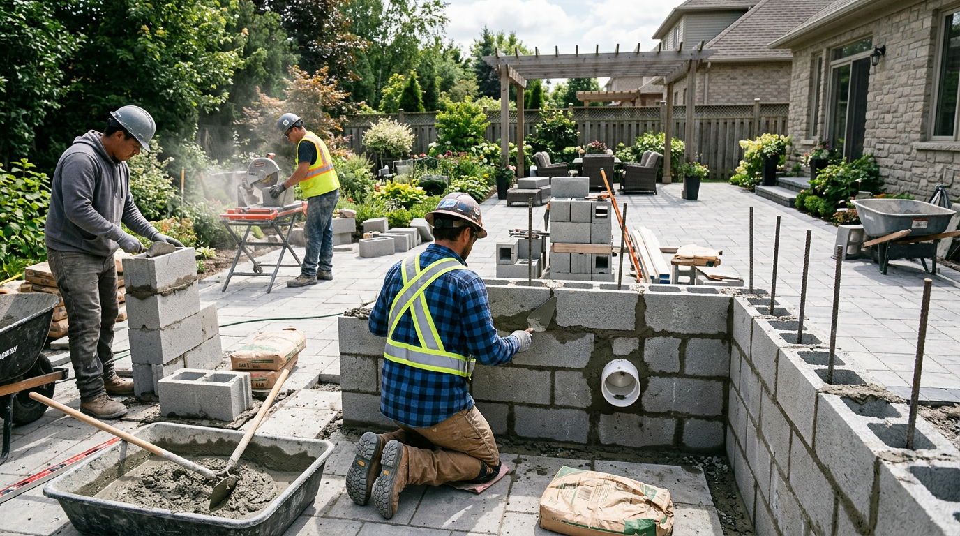 Tradespeople setting CMU for an outdoor kitchen shell, sleeved openings and lath transition visible