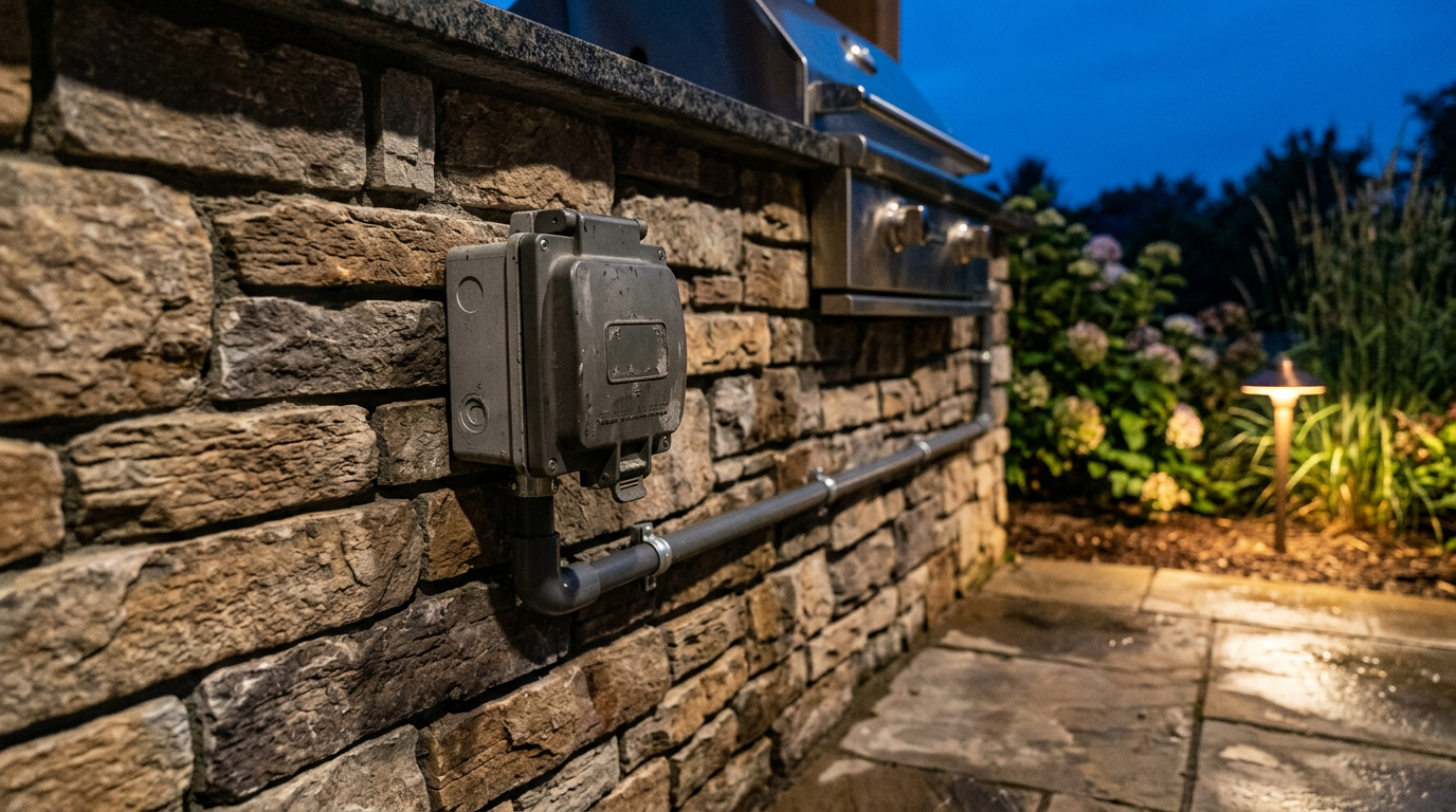 Wet-location outdoor electrical on stone veneer — Lowcountry outdoor kitchen detail