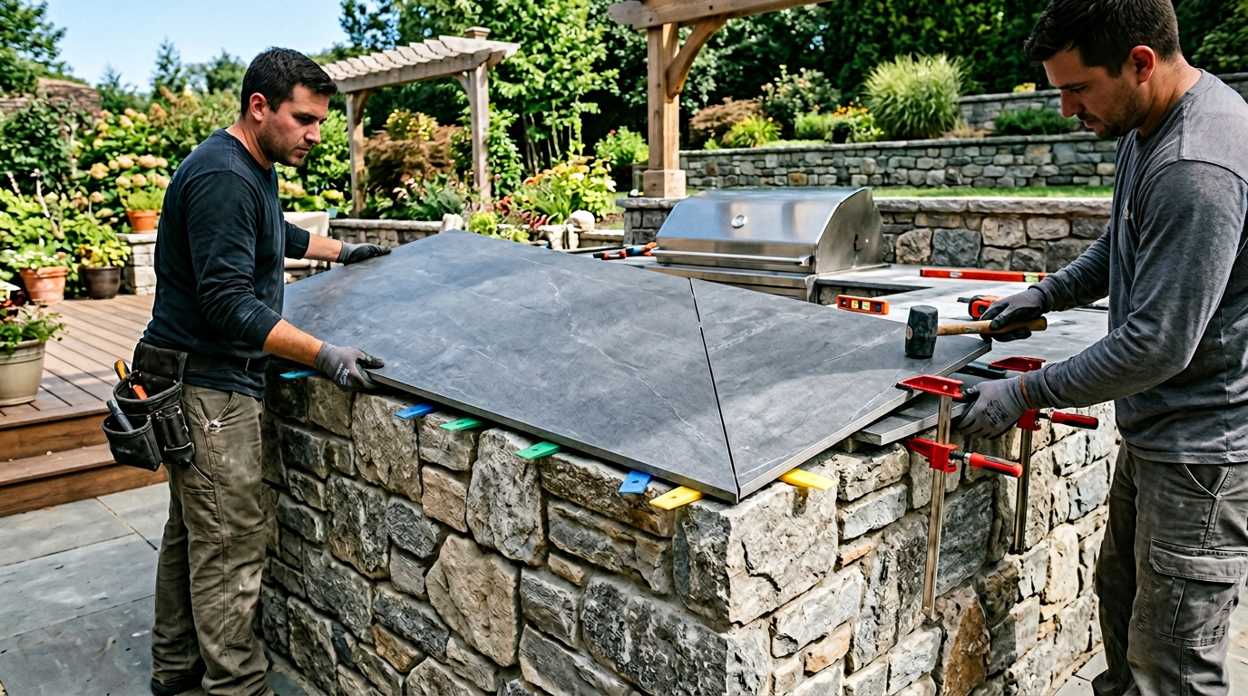 Installers dry-fitting a large-format porcelain slab on an outdoor kitchen run