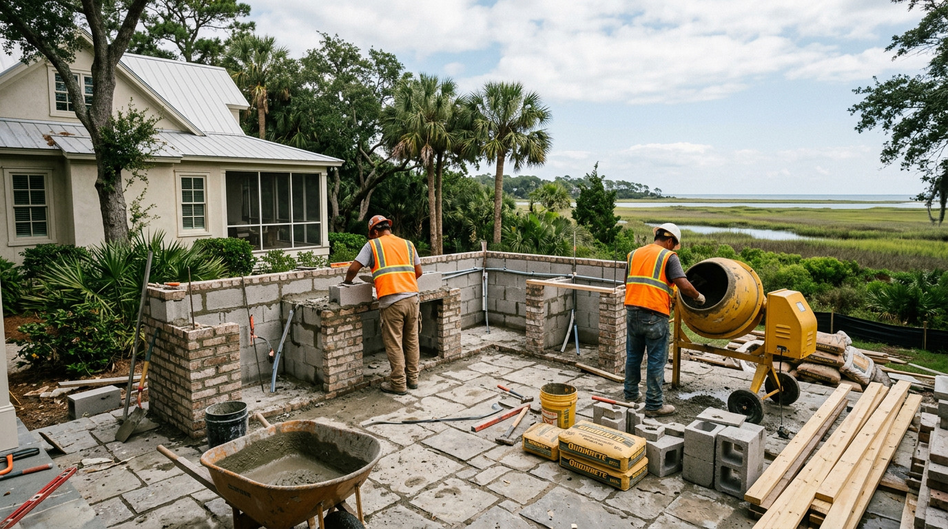 Outdoor kitchen under construction on a Charleston-area patio: masonry shell in progress with crew on site