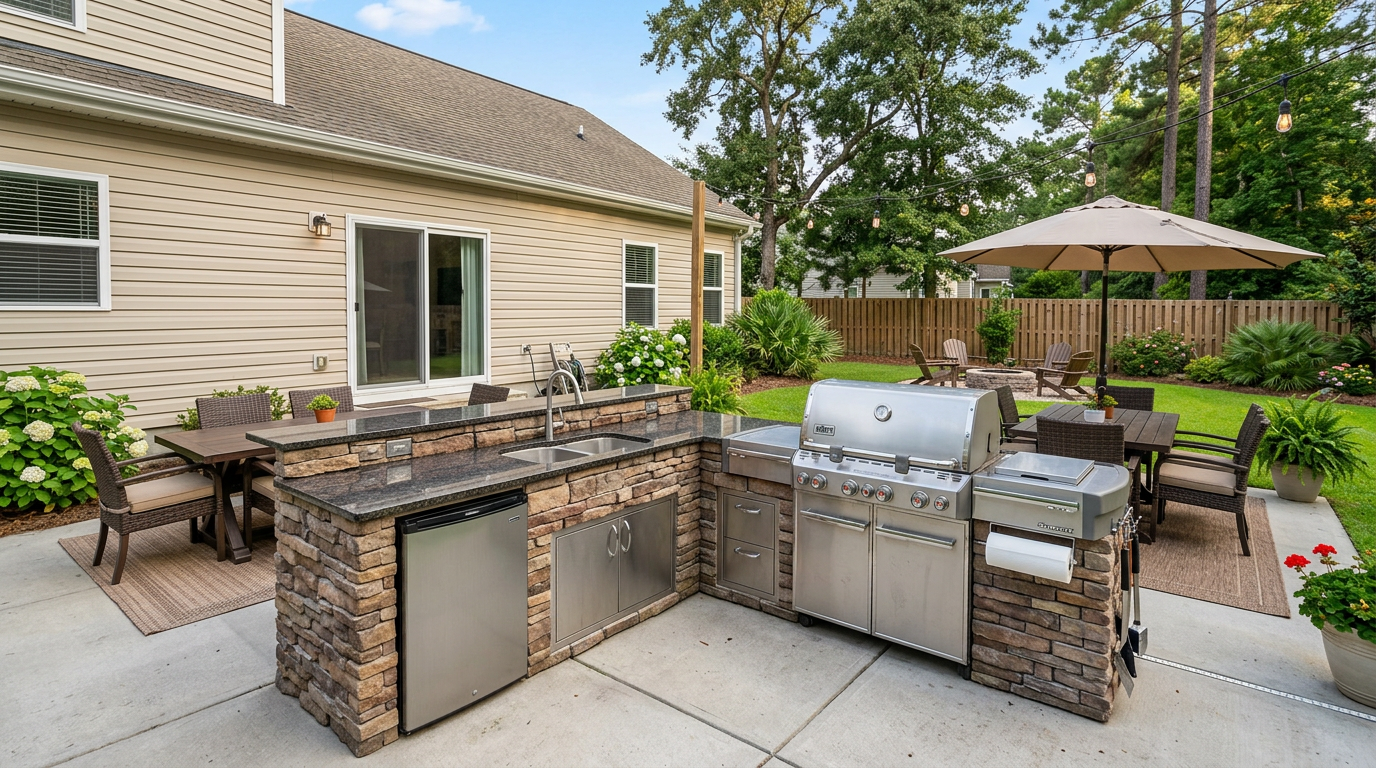 Island plus wing outdoor kitchen — Goose Creek area backyard