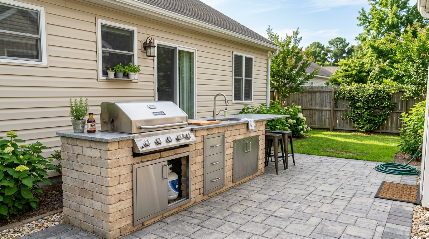 Linear outdoor kitchen along a rear wall — Goose Creek style suburban lot
