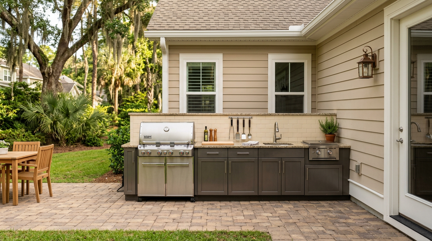 Linear outdoor kitchen on a Summerville area patio — single elevation cook wall
