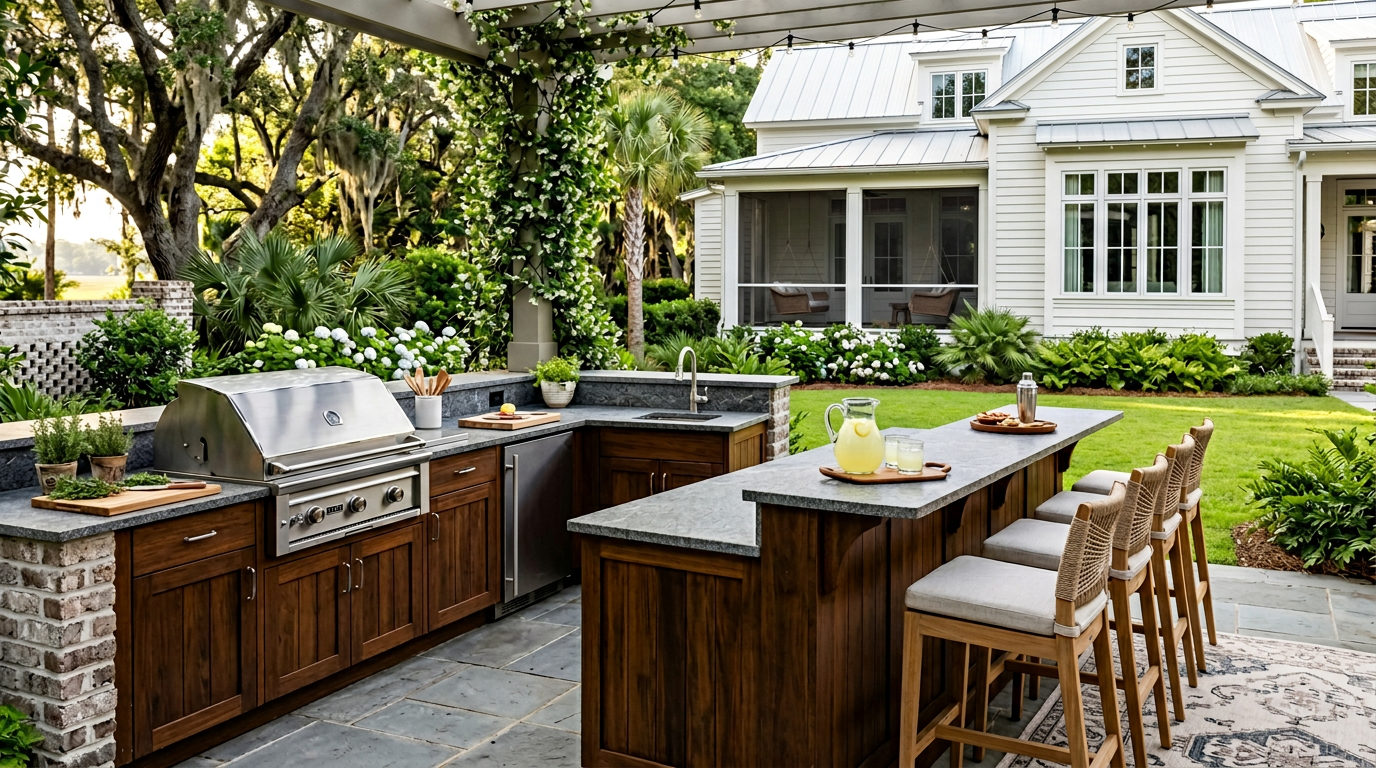 L-shape bar outdoor kitchen on a Daniel Island area patio