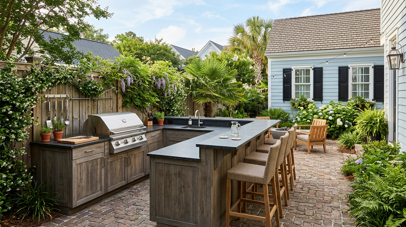 L-shape bar outdoor kitchen for Mount Pleasant style lots