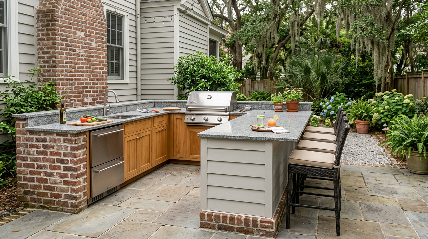 L-shape bar outdoor kitchen in a West Ashley style backyard