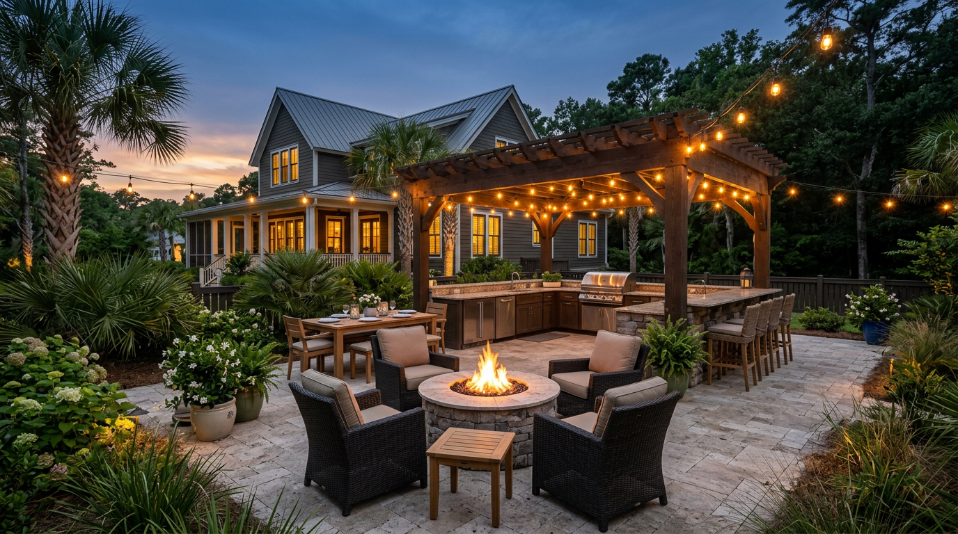 Completed outdoor living: kitchen, pergola, fire, and pavers coordinated as one backyard