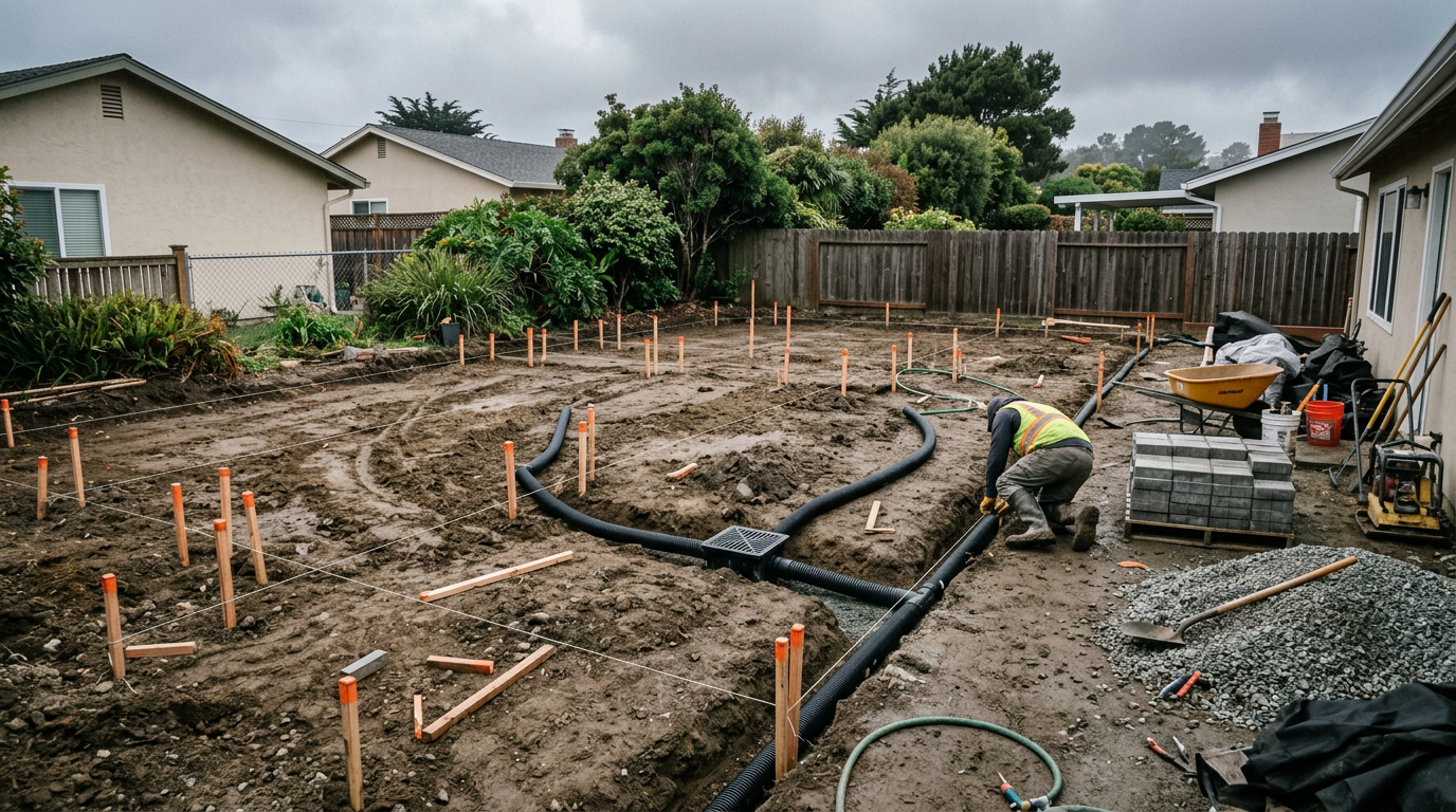 Backyard preparation: grading and layout lines before hardscape and structures