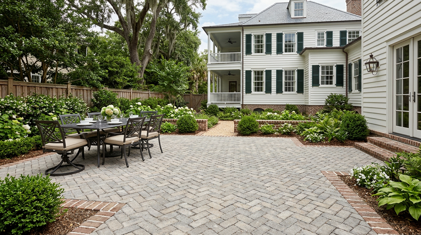 Charleston paver patio installation in progress with outdoor living layout visible
