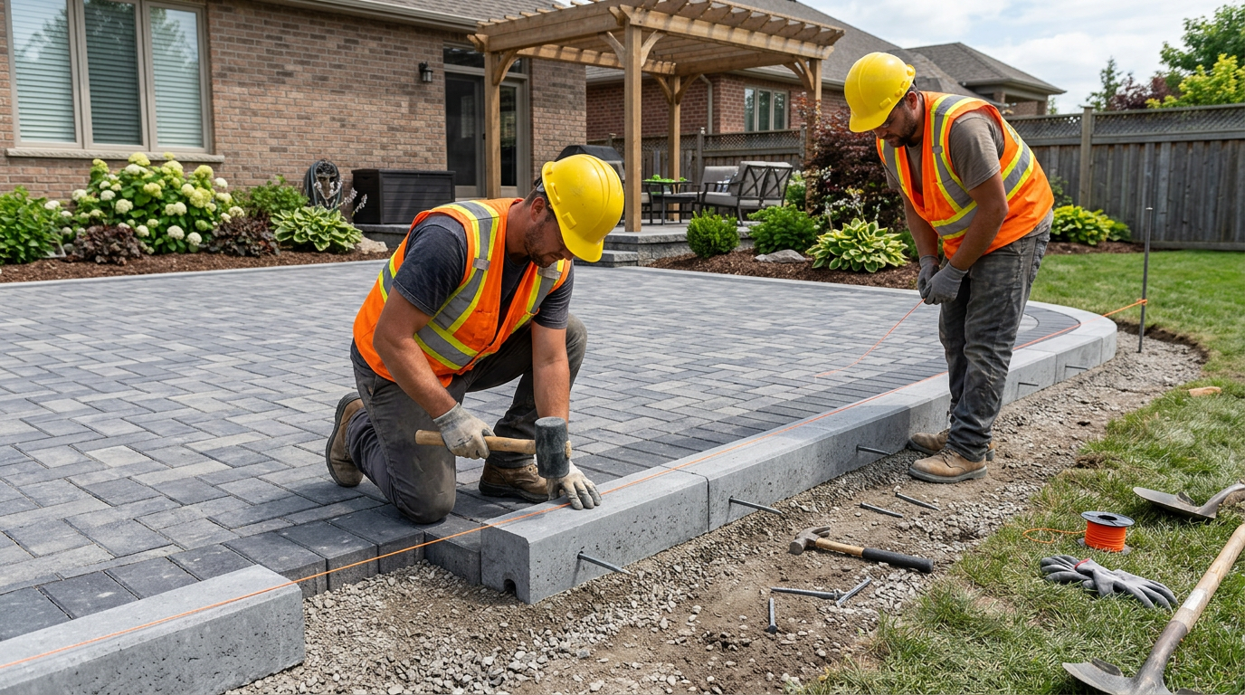 Pool deck pavers under construction in Charleston with coping and drainage visible
