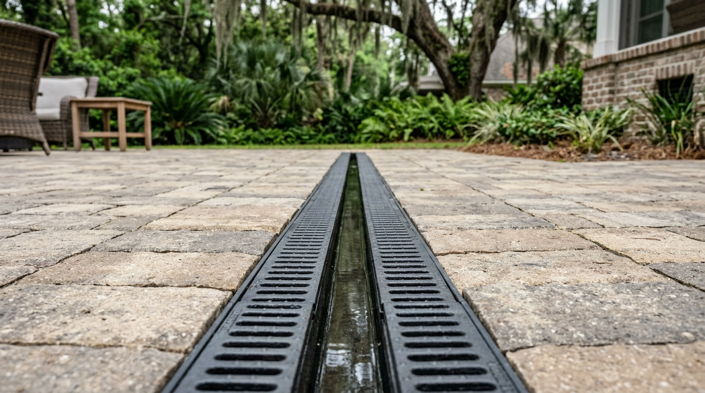 Linear drain integrated with a paver pool deck or patio plane in a residential hardscape