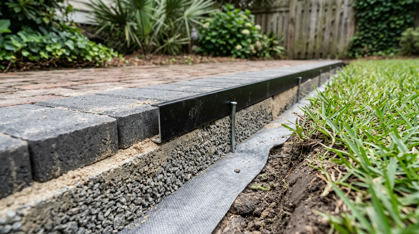 Paver edge restraint and soldier course at lawn interface — detail that keeps a Charleston patio from racking after wet winters