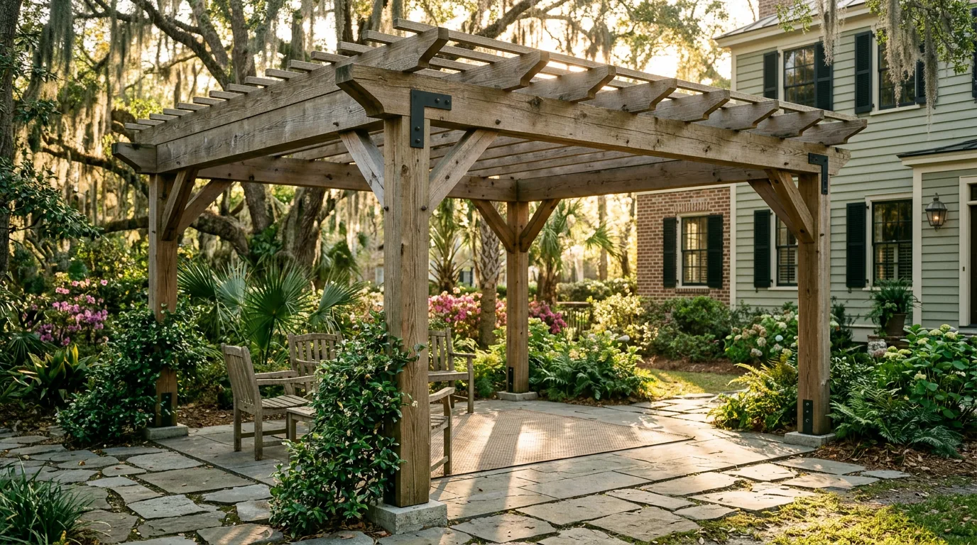 Finished pergola shade structure over a Charleston patio
