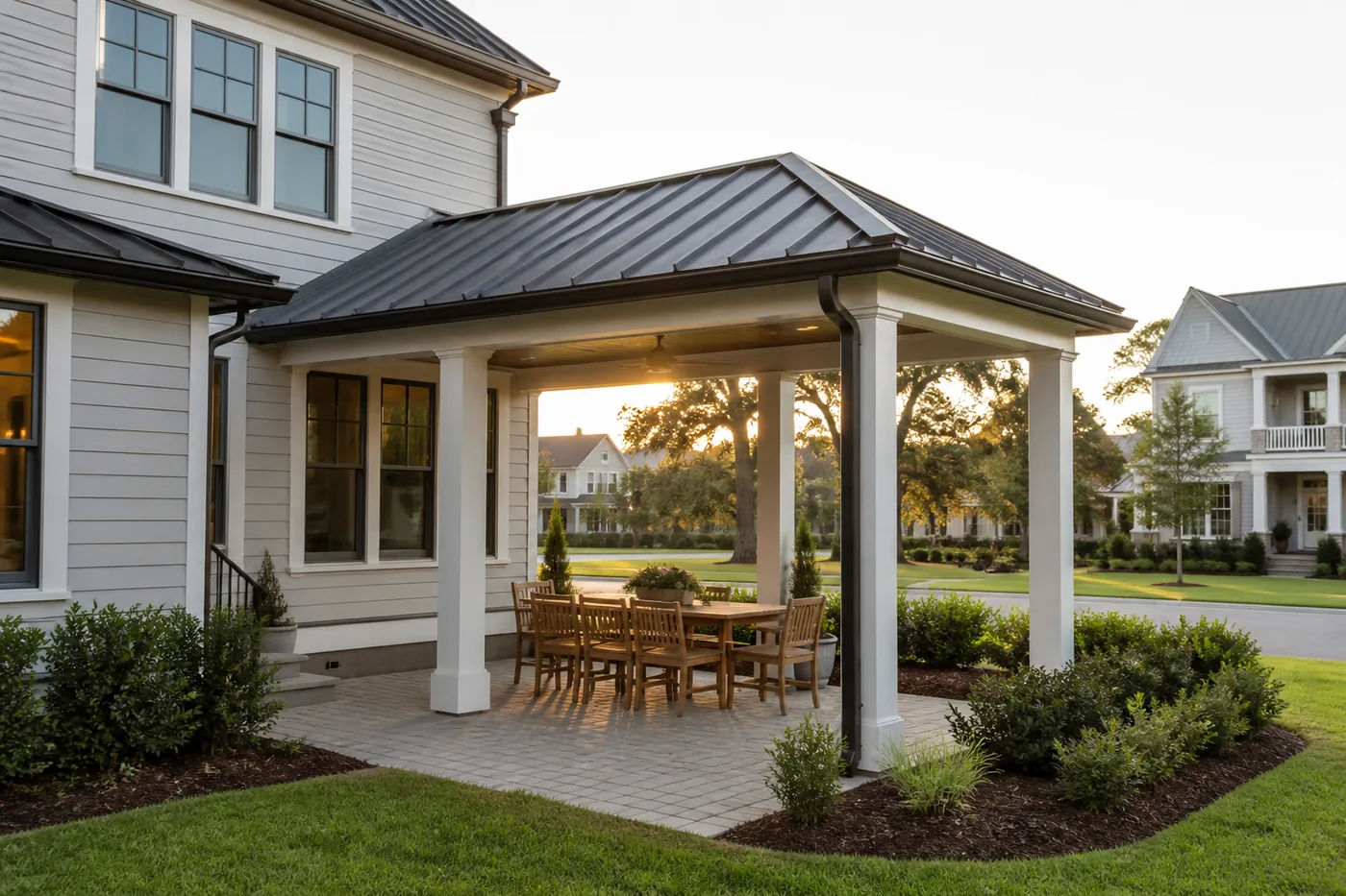 Design illustration of a solid-roof backyard pavilion for a Daniel Island home.