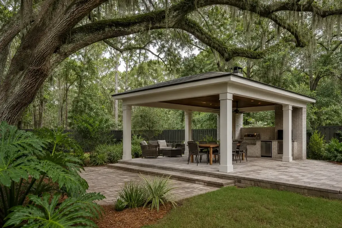 Design illustration of a pavilion under live oaks on James Island.