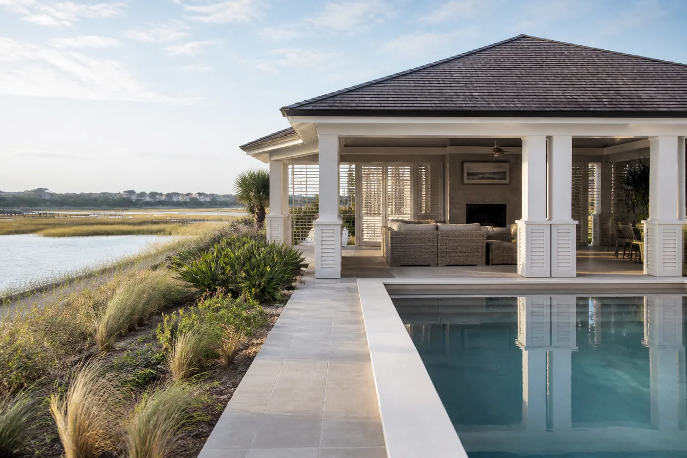 Design illustration of a coastal poolside pavilion on Sullivan's Island.