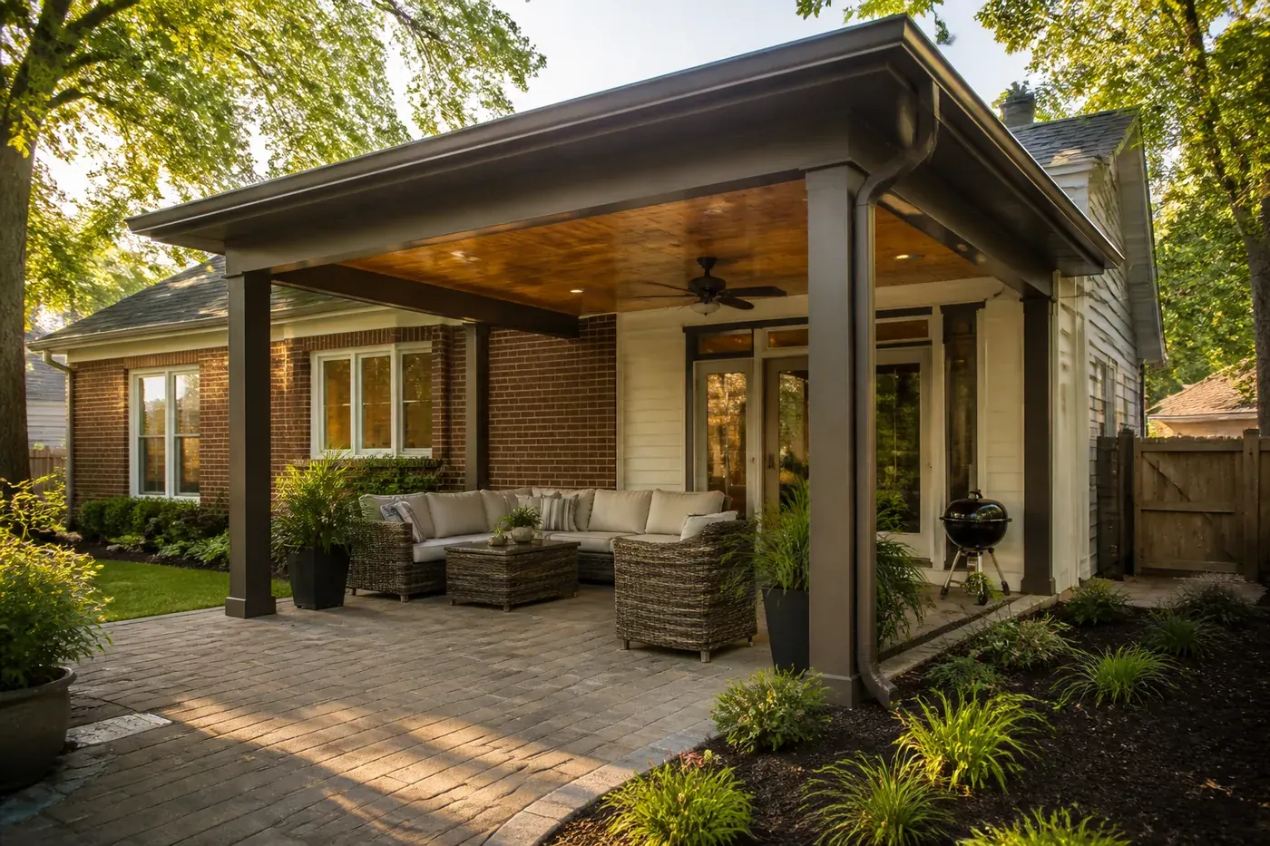 Design illustration of a solid-roof pavilion over a West Ashley patio.