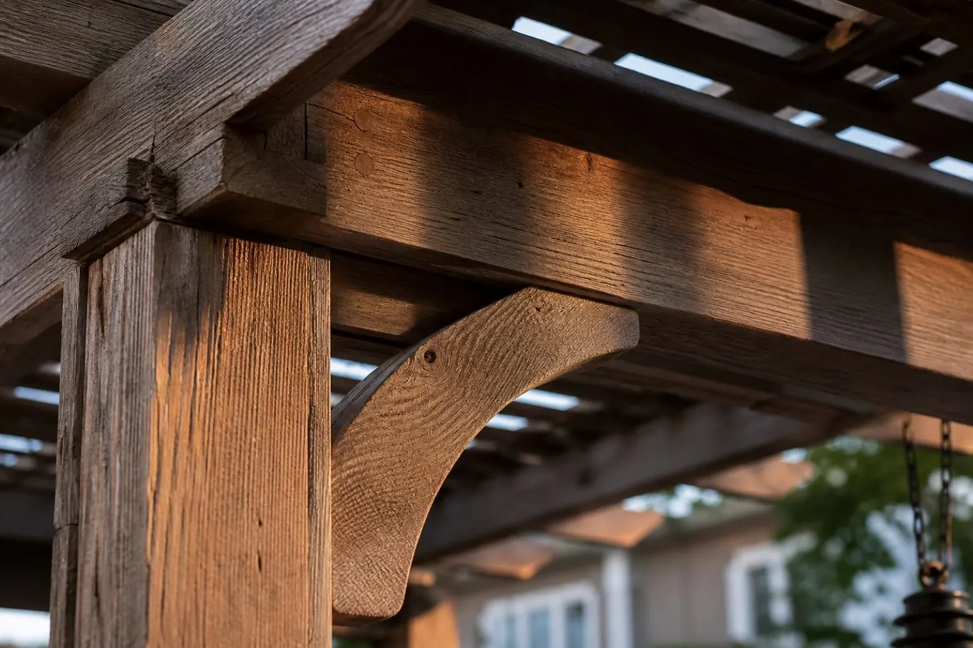 Pergola beam and connection detail on a Charleston outdoor living project